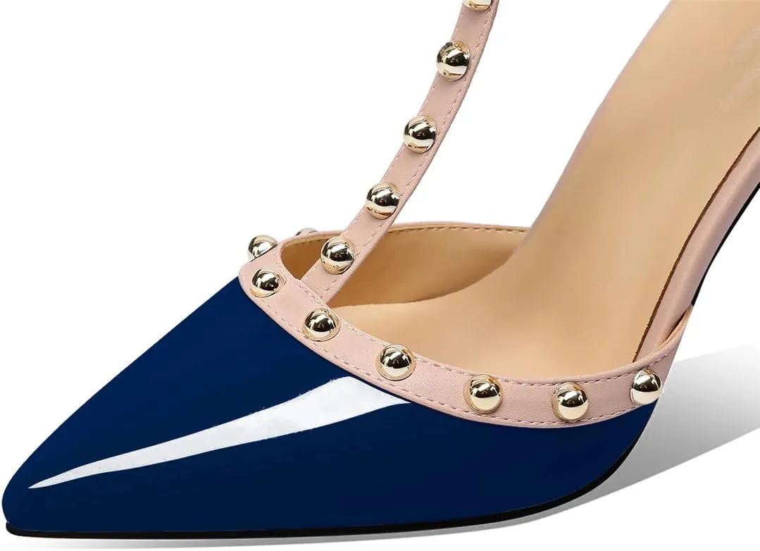 XINIUNIU Stiletto High Heels for Women Studded Heels with Studs Pumps 4 Inch Heeled Sandals Sexy Pointed Toe Ankle-strap Patent Leather Dress Wedding Shoes