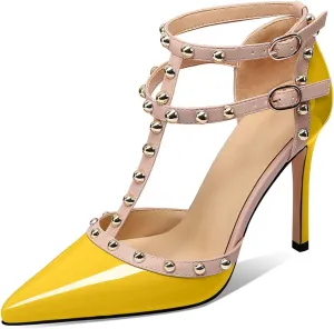XINIUNIU Stiletto High Heels for Women Studded Heels with Studs Pumps 4 Inch Heeled Sandals Sexy Pointed Toe Ankle-strap Patent Leather Dress Wedding Shoes