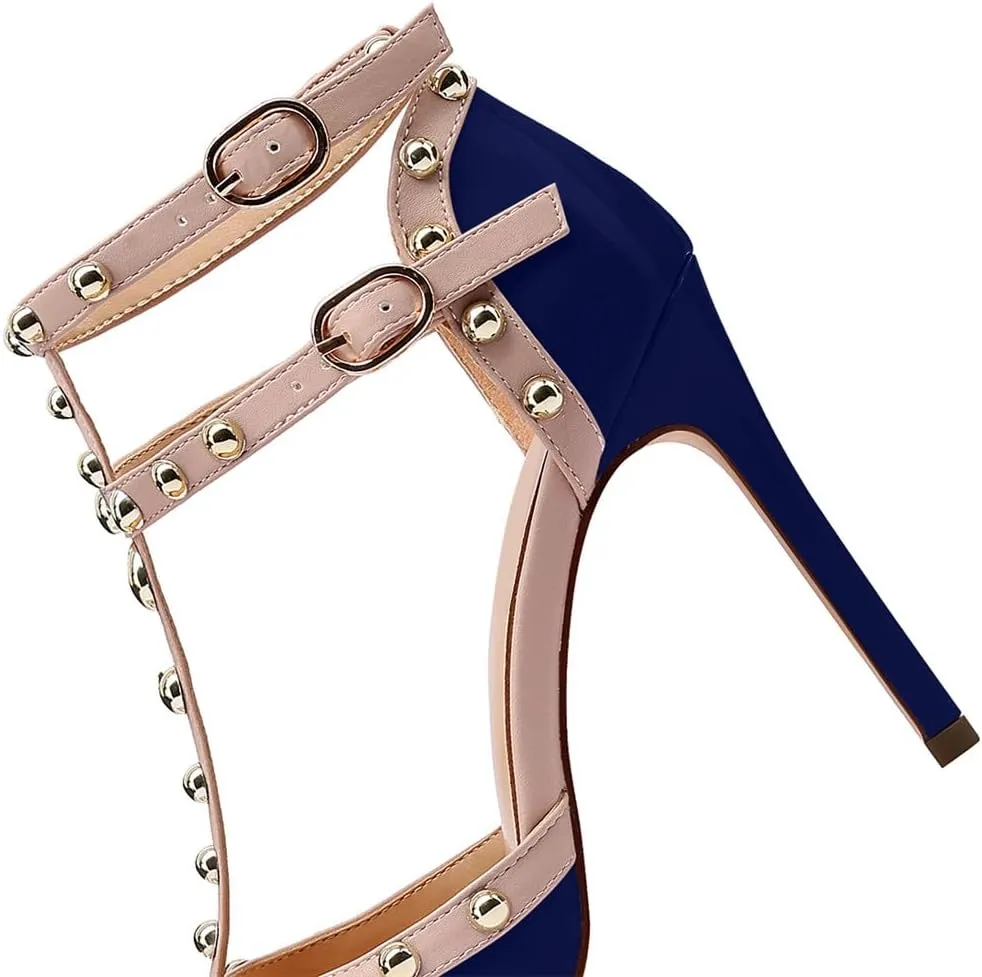 XINIUNIU Stiletto High Heels for Women Studded Heels with Studs Pumps 4 Inch Heeled Sandals Sexy Pointed Toe Ankle-strap Patent Leather Dress Wedding Shoes