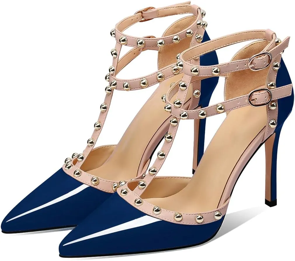 XINIUNIU Stiletto High Heels for Women Studded Heels with Studs Pumps 4 Inch Heeled Sandals Sexy Pointed Toe Ankle-strap Patent Leather Dress Wedding Shoes