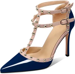 XINIUNIU Stiletto High Heels for Women Studded Heels with Studs Pumps 4 Inch Heeled Sandals Sexy Pointed Toe Ankle-strap Patent Leather Dress Wedding Shoes