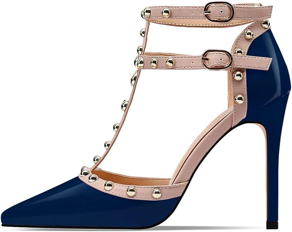 XINIUNIU Stiletto High Heels for Women Studded Heels with Studs Pumps 4 Inch Heeled Sandals Sexy Pointed Toe Ankle-strap Patent Leather Dress Wedding Shoes