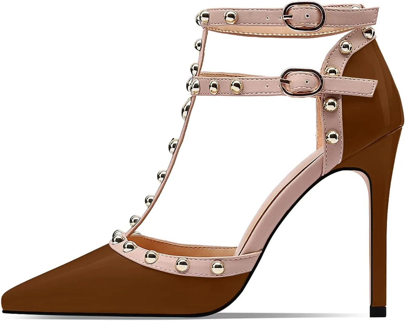 XINIUNIU Stiletto High Heels for Women Studded Heels with Studs Pumps 4 Inch Heeled Sandals Sexy Pointed Toe Ankle-strap Patent Leather Dress Wedding Shoes