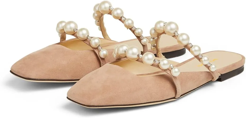 XYD Women Mule Flats with Pearls Strappy Square Toe Stylish Beaded Slides Sandals Comfort Slip On Dating Casual Shoes