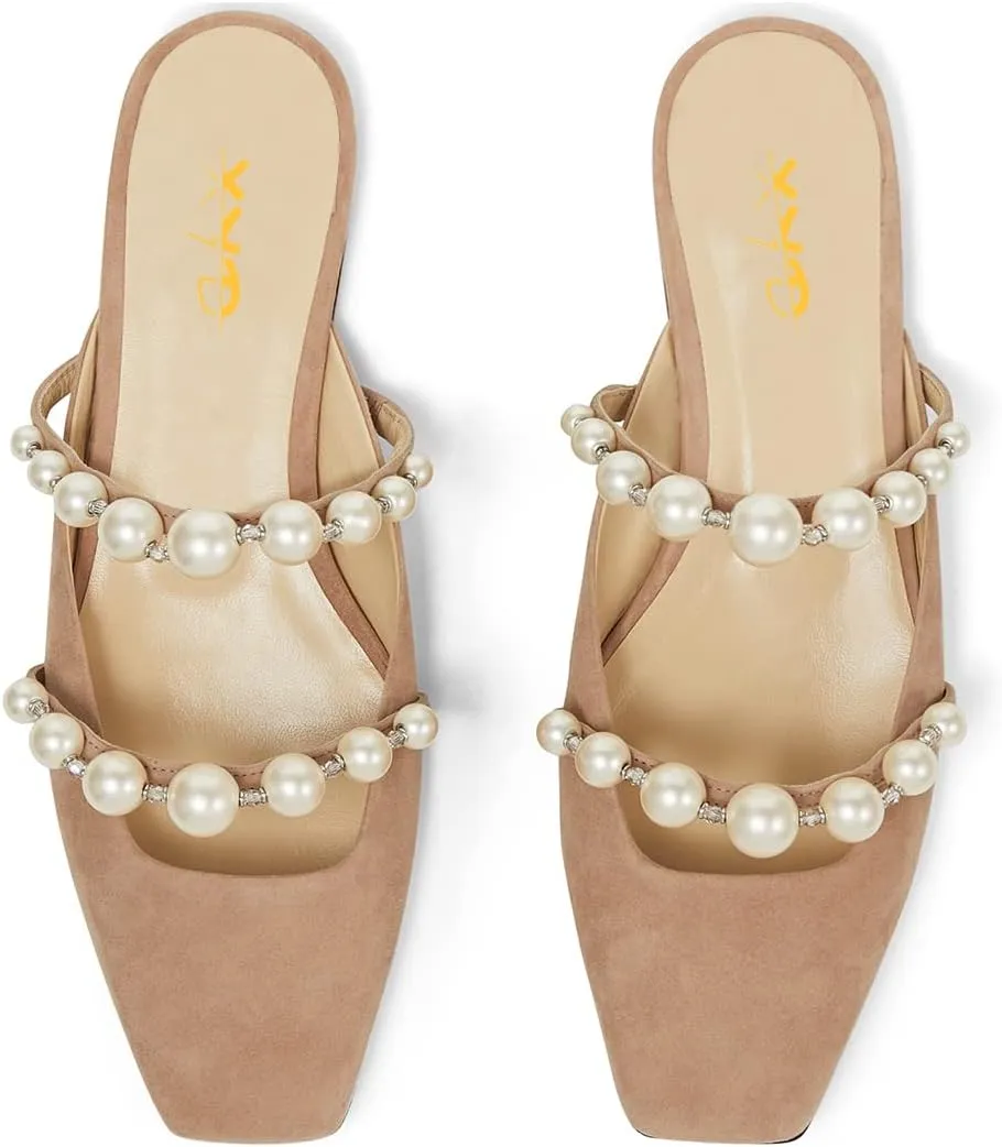 XYD Women Mule Flats with Pearls Strappy Square Toe Stylish Beaded Slides Sandals Comfort Slip On Dating Casual Shoes