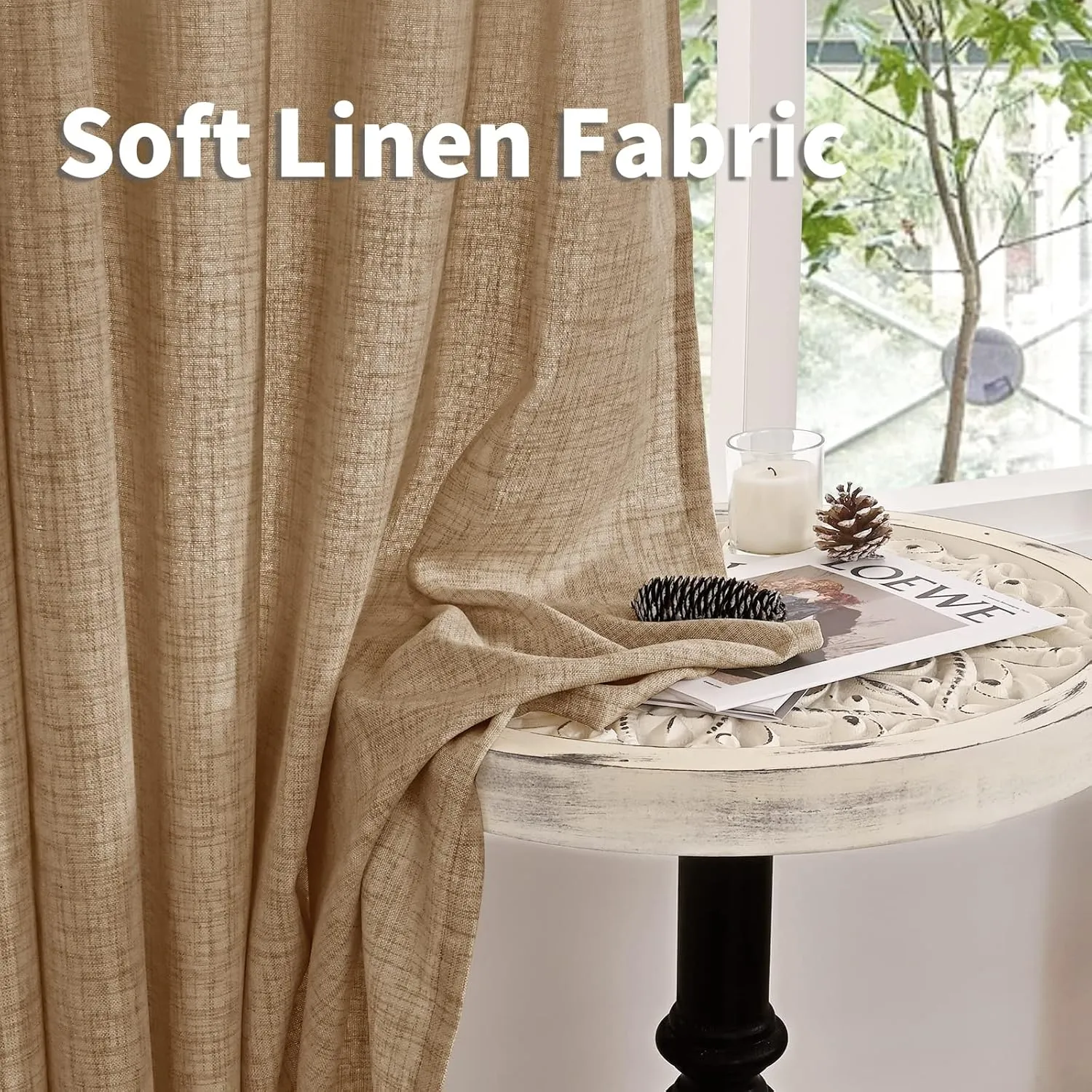 YoungsTex Burlap Linen Curtains 63 Inch Length 2 Panels for Bedroom, Toffee Tan Semi Sheer Drapes Textured with Bronze Grommet Light Filtering for Living Room Farmhouse, 52 X 63 Inch