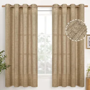 YoungsTex Burlap Linen Curtains 63 Inch Length 2 Panels for Bedroom, Toffee Tan Semi Sheer Drapes Textured with Bronze Grommet Light Filtering for Living Room Farmhouse, 52 X 63 Inch