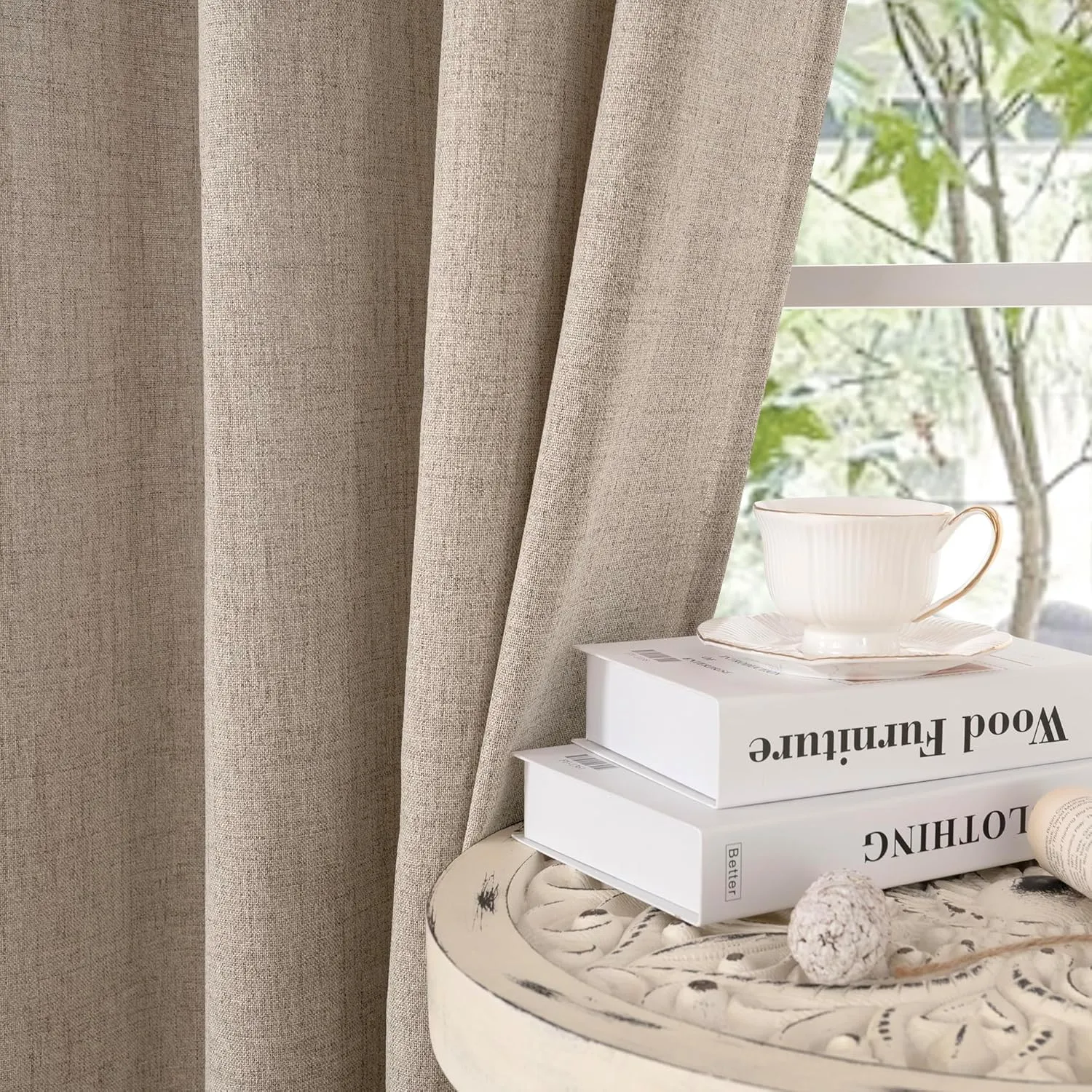 YoungsTex Dark Oatmeal Linen Curtains 63 lnch Length 2 Panels for Living Room, Bronze Grommet Semi Sheer Drapes with Textured Window Treatments for Bedroom Farmhouse Light Filtering, 52 X 63 Inch