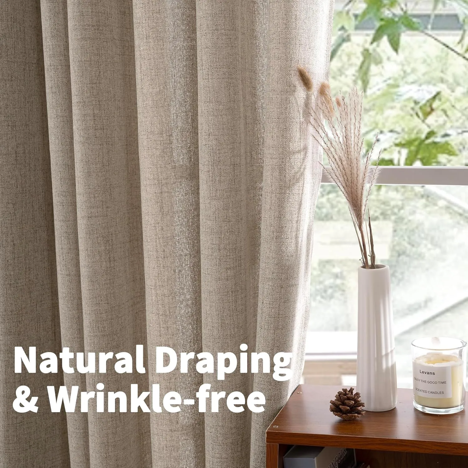 YoungsTex Dark Oatmeal Linen Curtains 63 lnch Length 2 Panels for Living Room, Bronze Grommet Semi Sheer Drapes with Textured Window Treatments for Bedroom Farmhouse Light Filtering, 52 X 63 Inch