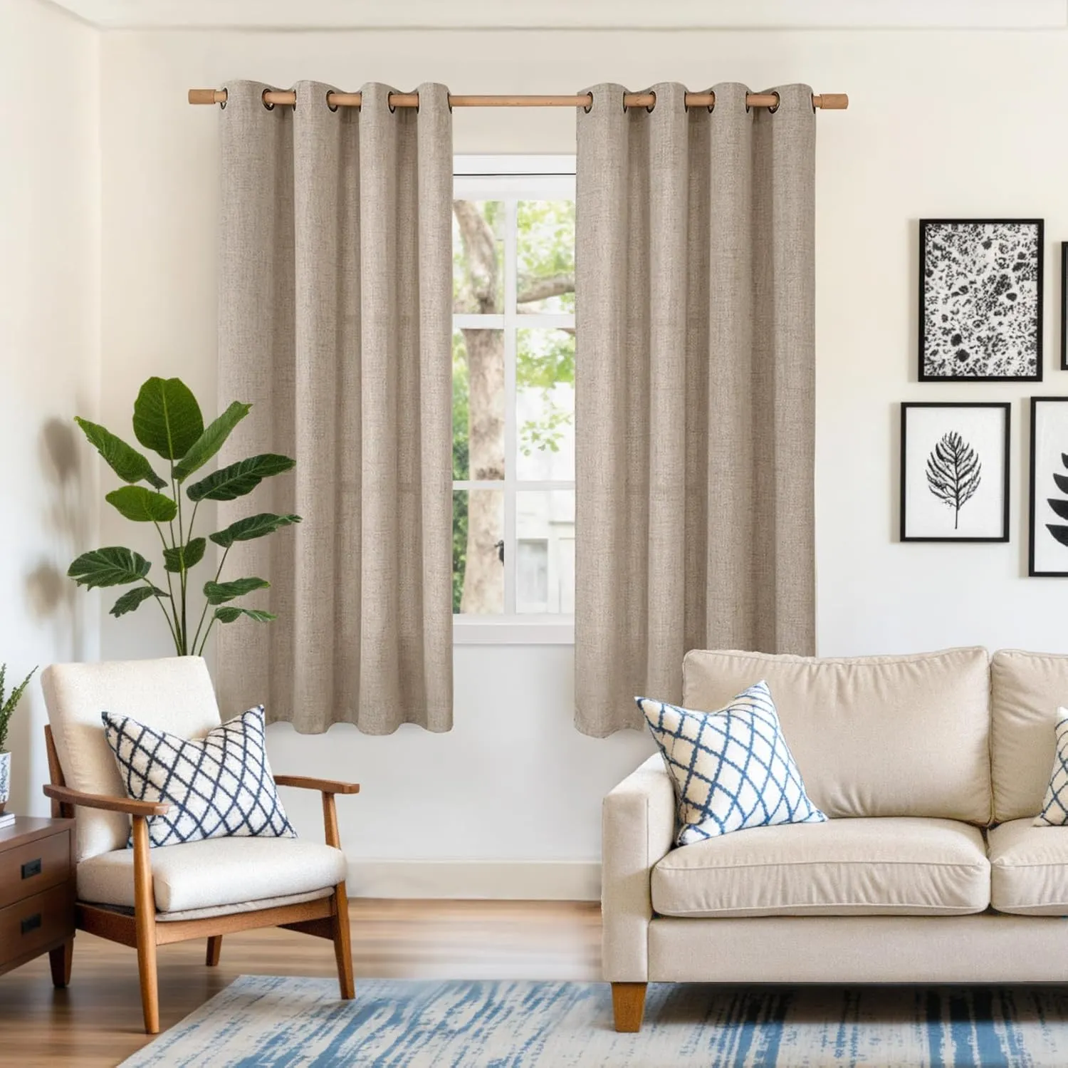 YoungsTex Dark Oatmeal Linen Curtains 63 lnch Length 2 Panels for Living Room, Bronze Grommet Semi Sheer Drapes with Textured Window Treatments for Bedroom Farmhouse Light Filtering, 52 X 63 Inch