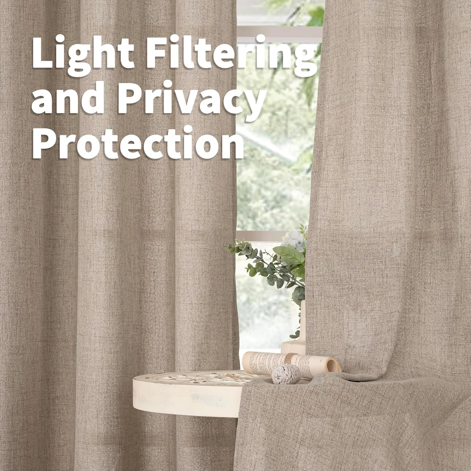 YoungsTex Dark Oatmeal Linen Curtains 63 lnch Length 2 Panels for Living Room, Bronze Grommet Semi Sheer Drapes with Textured Window Treatments for Bedroom Farmhouse Light Filtering, 52 X 63 Inch
