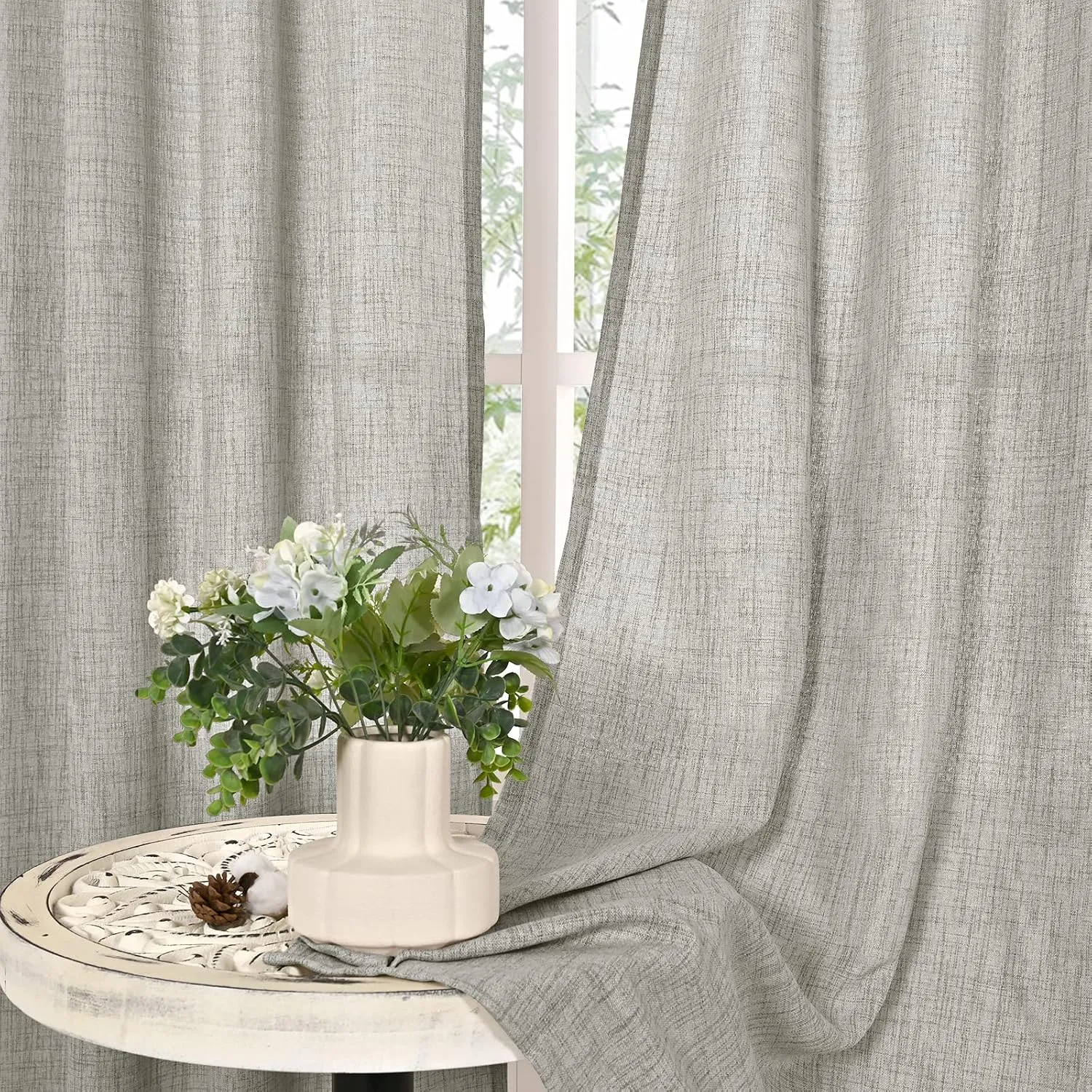 YoungsTex Light Grey Linen Curtains 63 Inches Long for Living Room 2 Panels - Textured Semi Sheer Window Drapes with Bronze Grommet Light Filtering for Bedroom Office Privacy, 2 Panels, 52 X 63 Inch