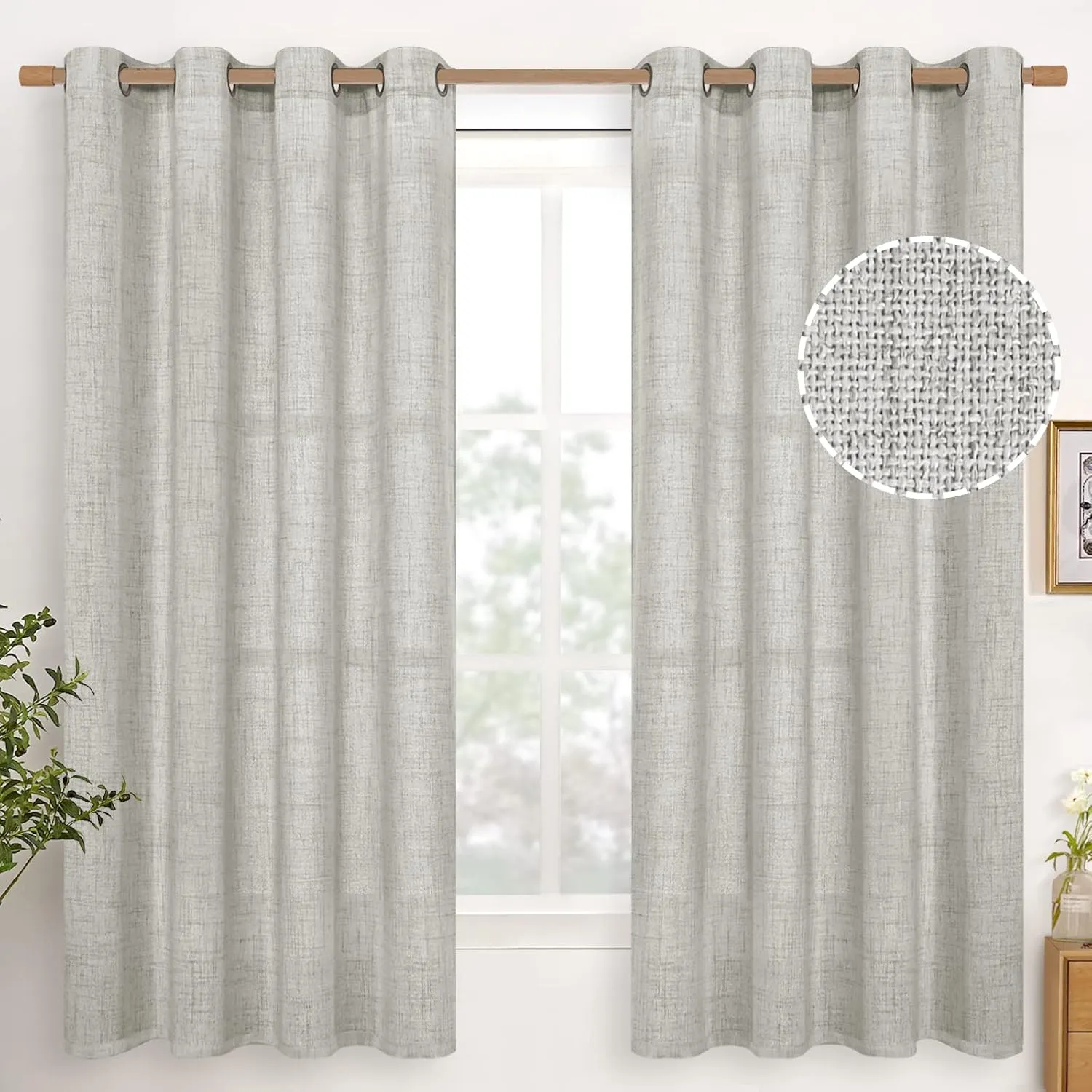YoungsTex Light Grey Linen Curtains 63 Inches Long for Living Room 2 Panels - Textured Semi Sheer Window Drapes with Bronze Grommet Light Filtering for Bedroom Office Privacy, 2 Panels, 52 X 63 Inch
