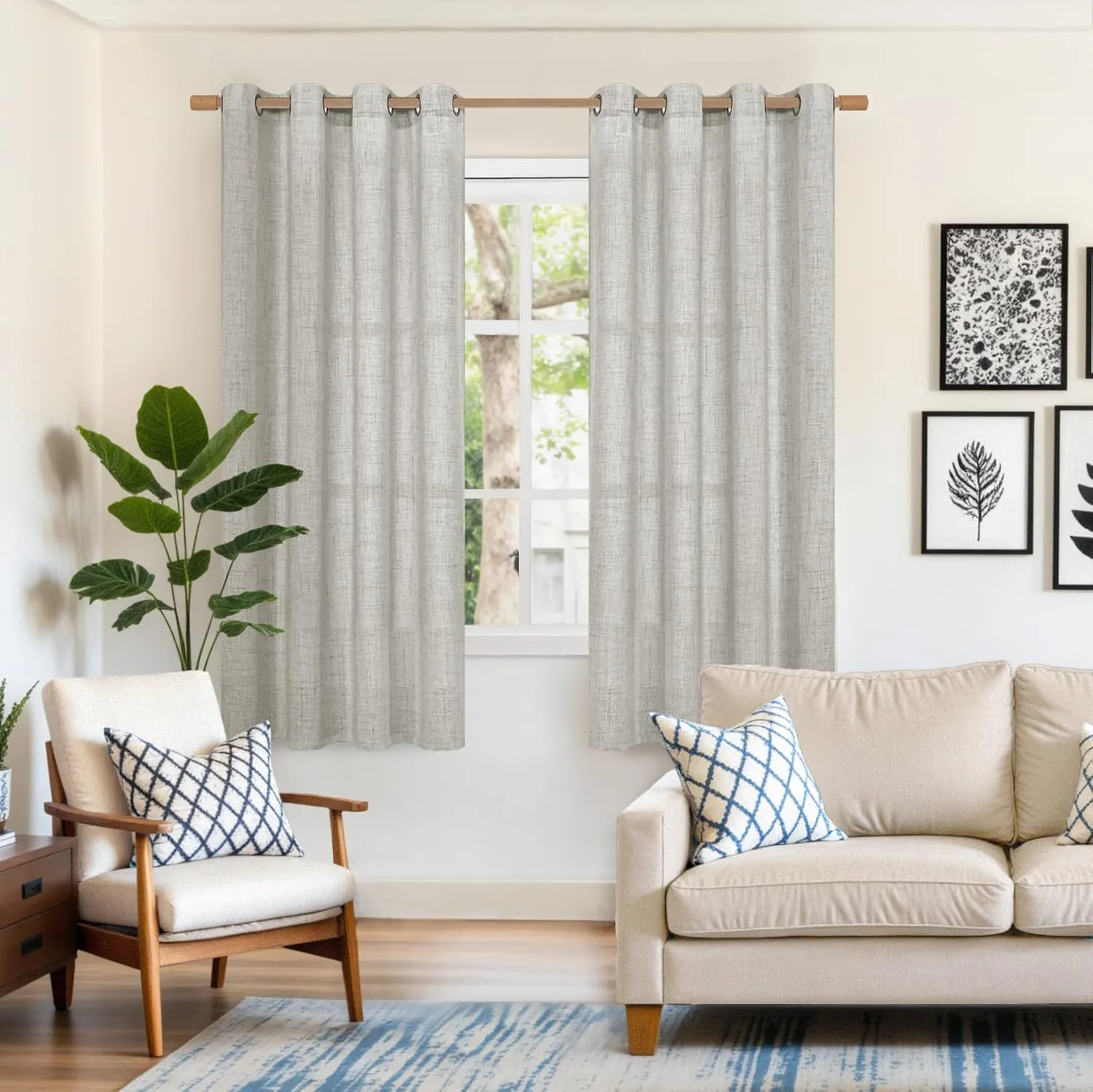 YoungsTex Light Grey Linen Curtains 63 Inches Long for Living Room 2 Panels - Textured Semi Sheer Window Drapes with Bronze Grommet Light Filtering for Bedroom Office Privacy, 2 Panels, 52 X 63 Inch