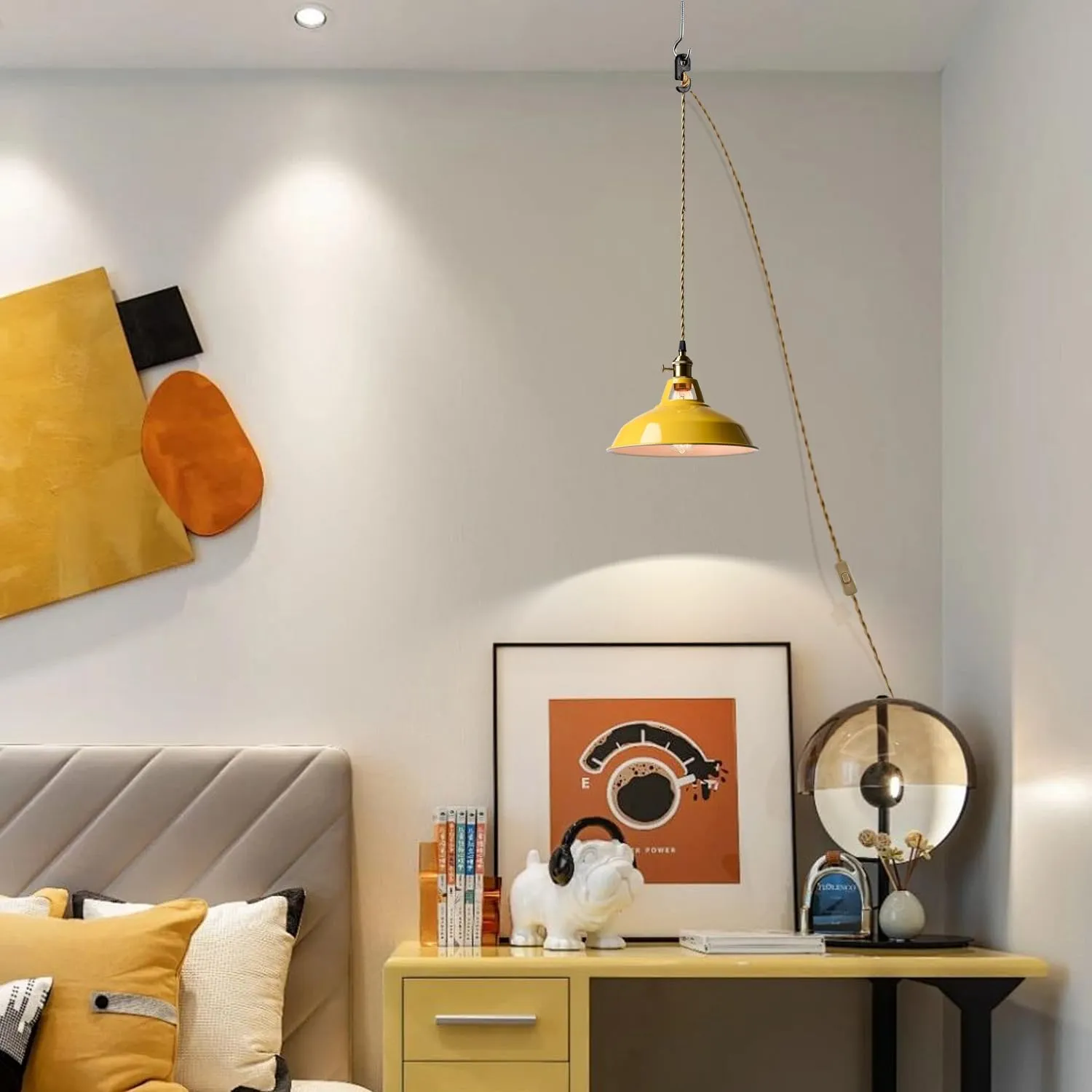 YUBOLE Nordic Hanging Pendant Light with Plug Metal Barn Hanging Light Fixture for Kitchen Bedroom Foyer, Yellow