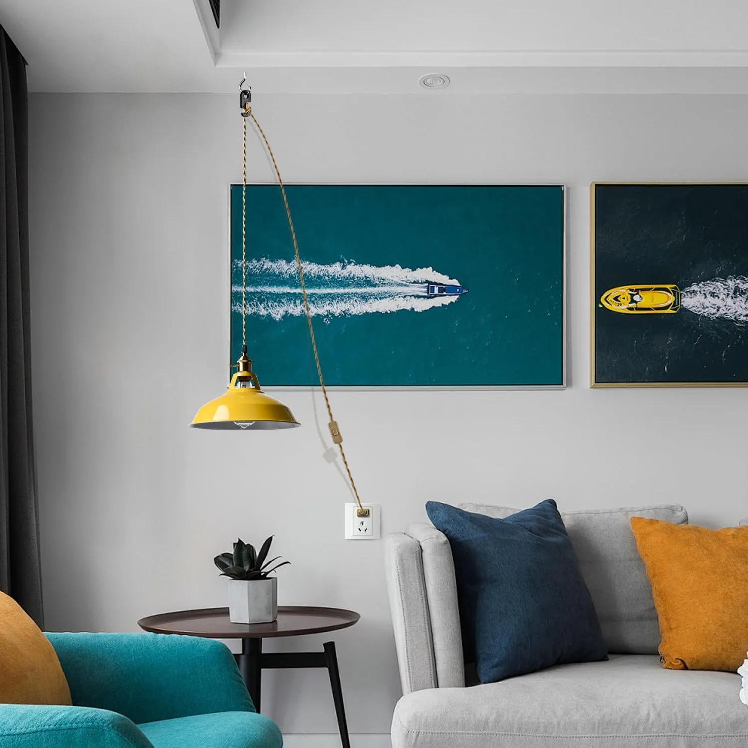 YUBOLE Nordic Hanging Pendant Light with Plug Metal Barn Hanging Light Fixture for Kitchen Bedroom Foyer, Yellow