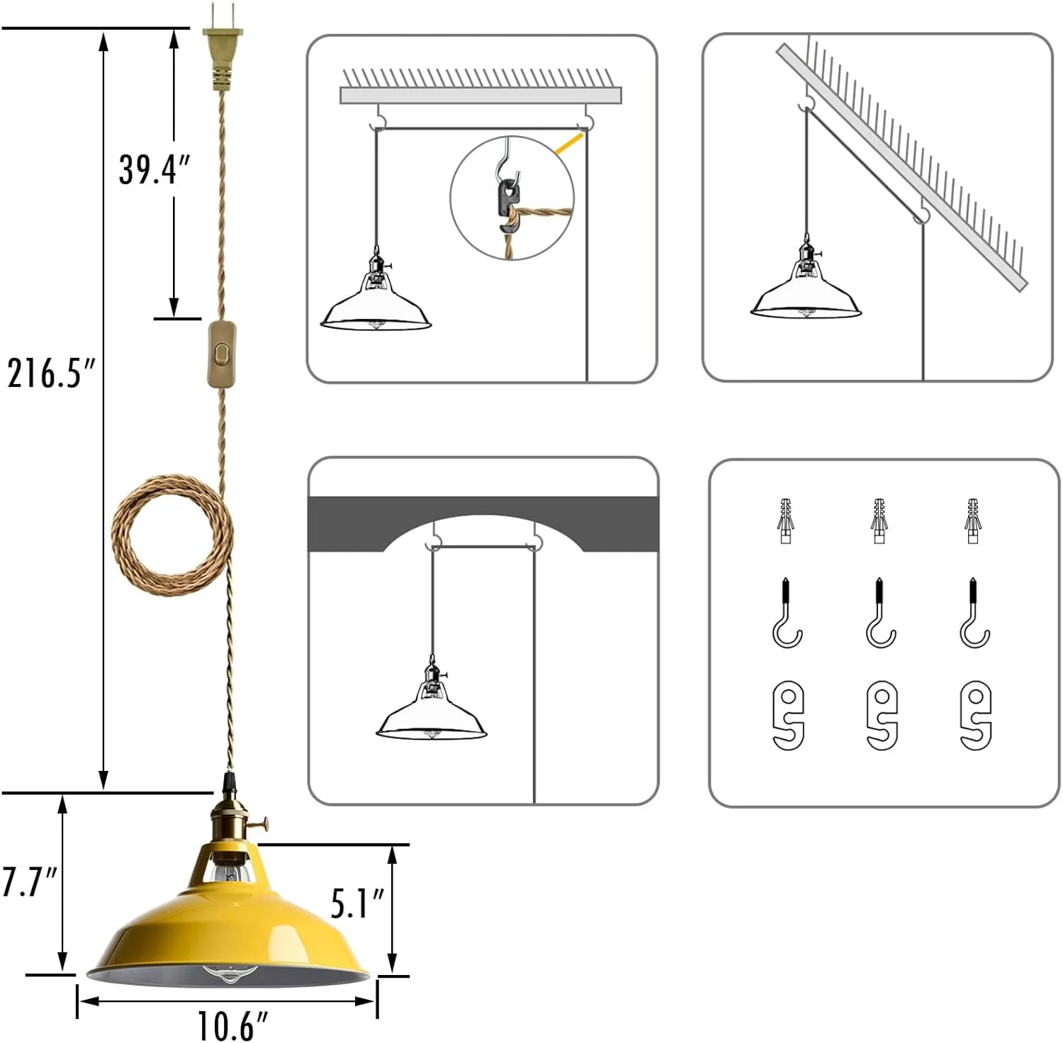 YUBOLE Nordic Hanging Pendant Light with Plug Metal Barn Hanging Light Fixture for Kitchen Bedroom Foyer, Yellow